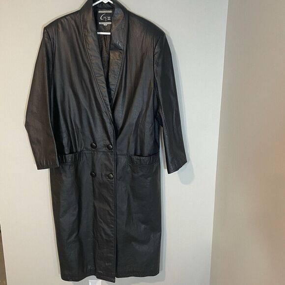 Vintage Global Identity G-III Sz Medium Women’s Black Leather Long Trench Coat - Picture 1 of 13